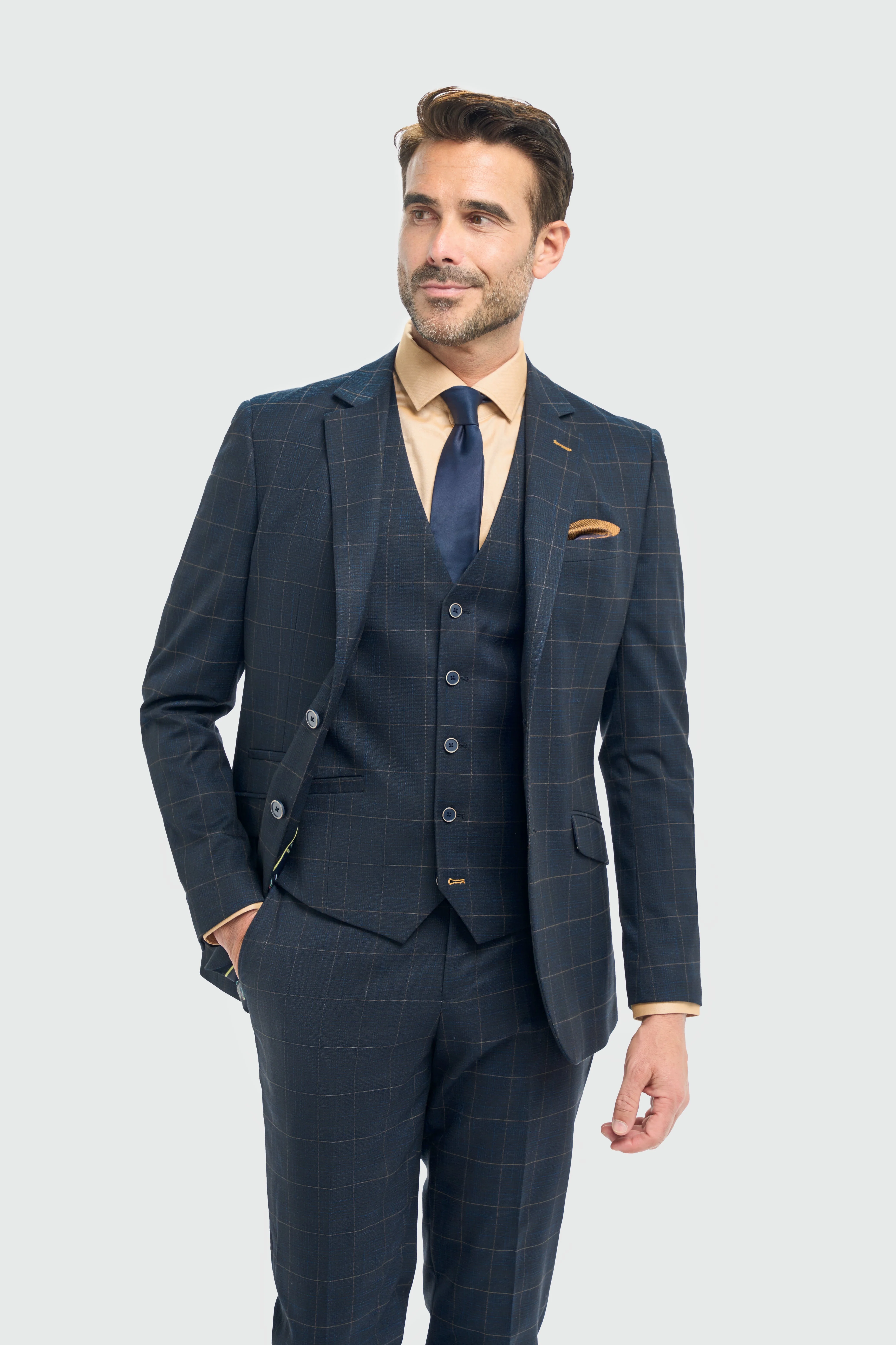 Father & Son Matching Windowpane Check 3-Piece Suit Set - Torino Navy - Image 3