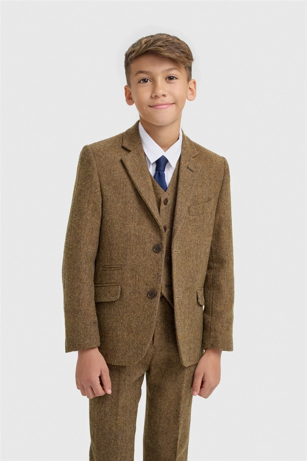 Father & Son Matching Wool Herringbone 3-Piece Suit Set - Thomas - Brown - Image 8