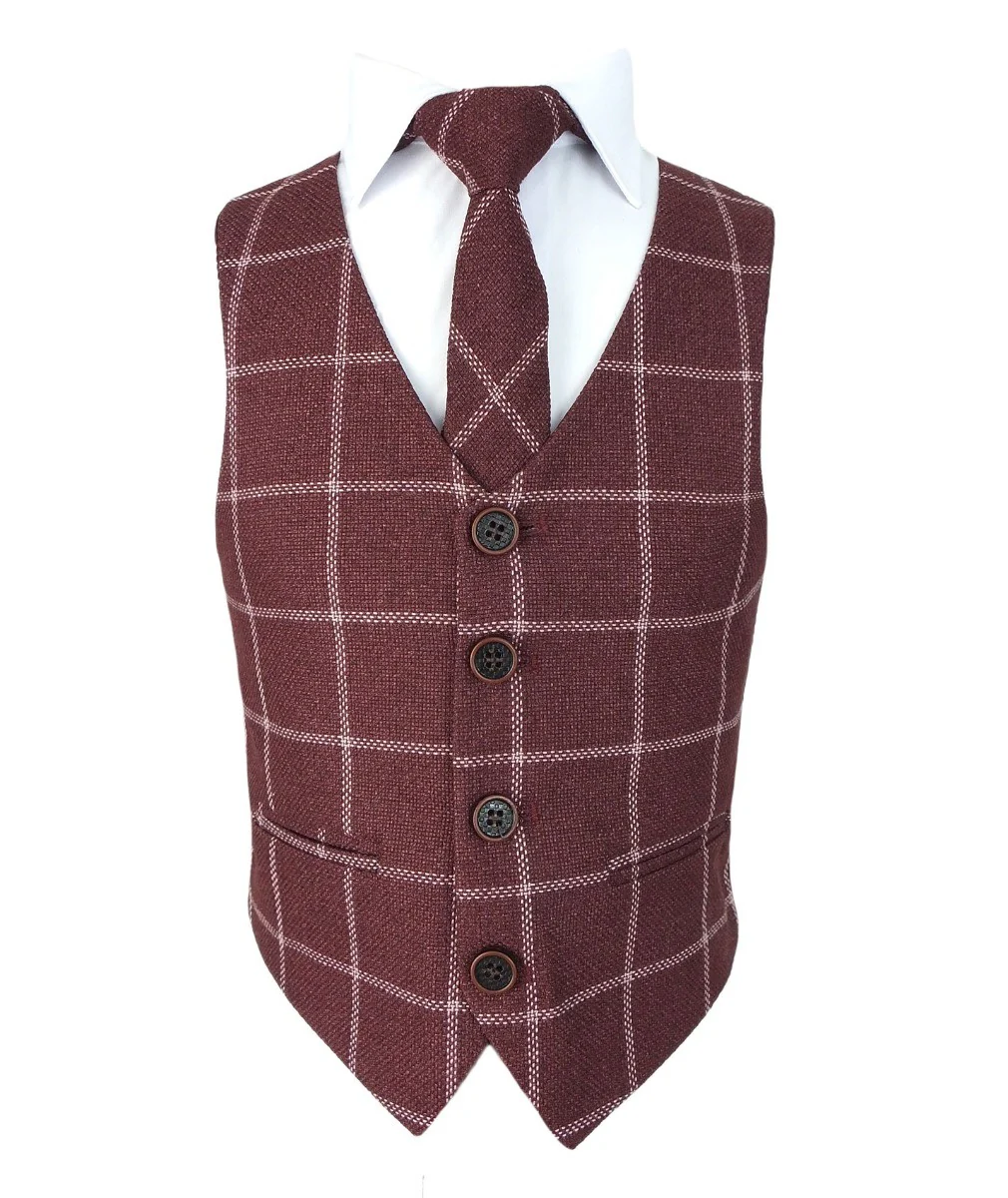 Boys Plaid Check Waistcoat Set - Maroon - Image 4