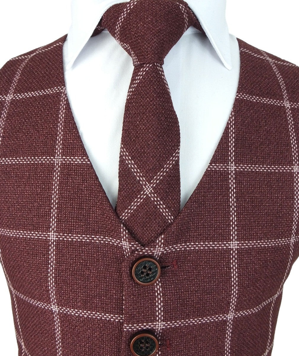Boys Plaid Check Waistcoat Set - Maroon - Image 5