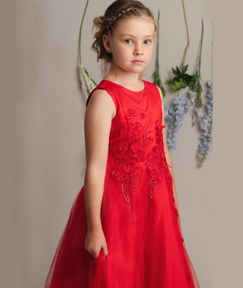 Floral Embroidery Flower Girl Dress with Bow - LUCKY - Red - Image 3