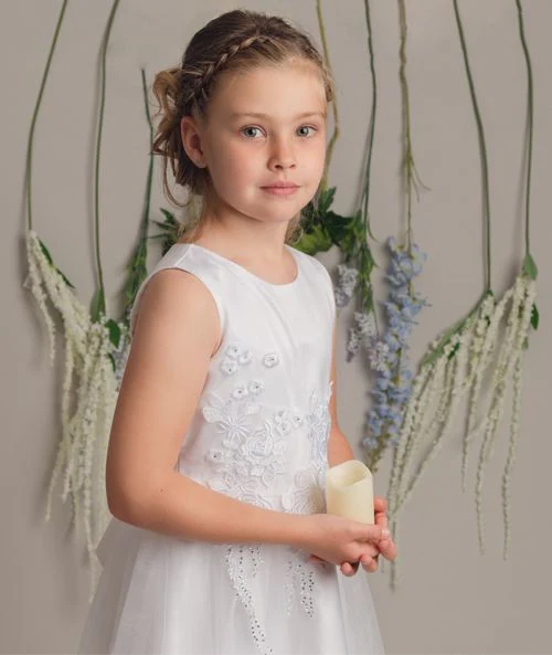 Floral Embroidery Flower Girl Dress with Bow - LUCKY - White - Image 2