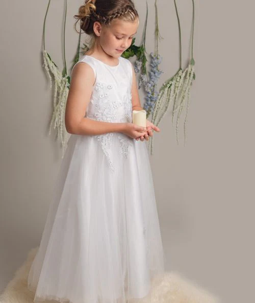 Floral Embroidery Flower Girl Dress with Bow - LUCKY - White - Image 3