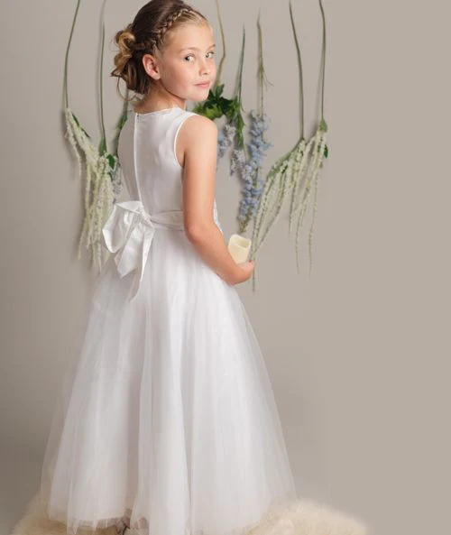 Floral Embroidery Flower Girl Dress with Bow - LUCKY - White - Image 4