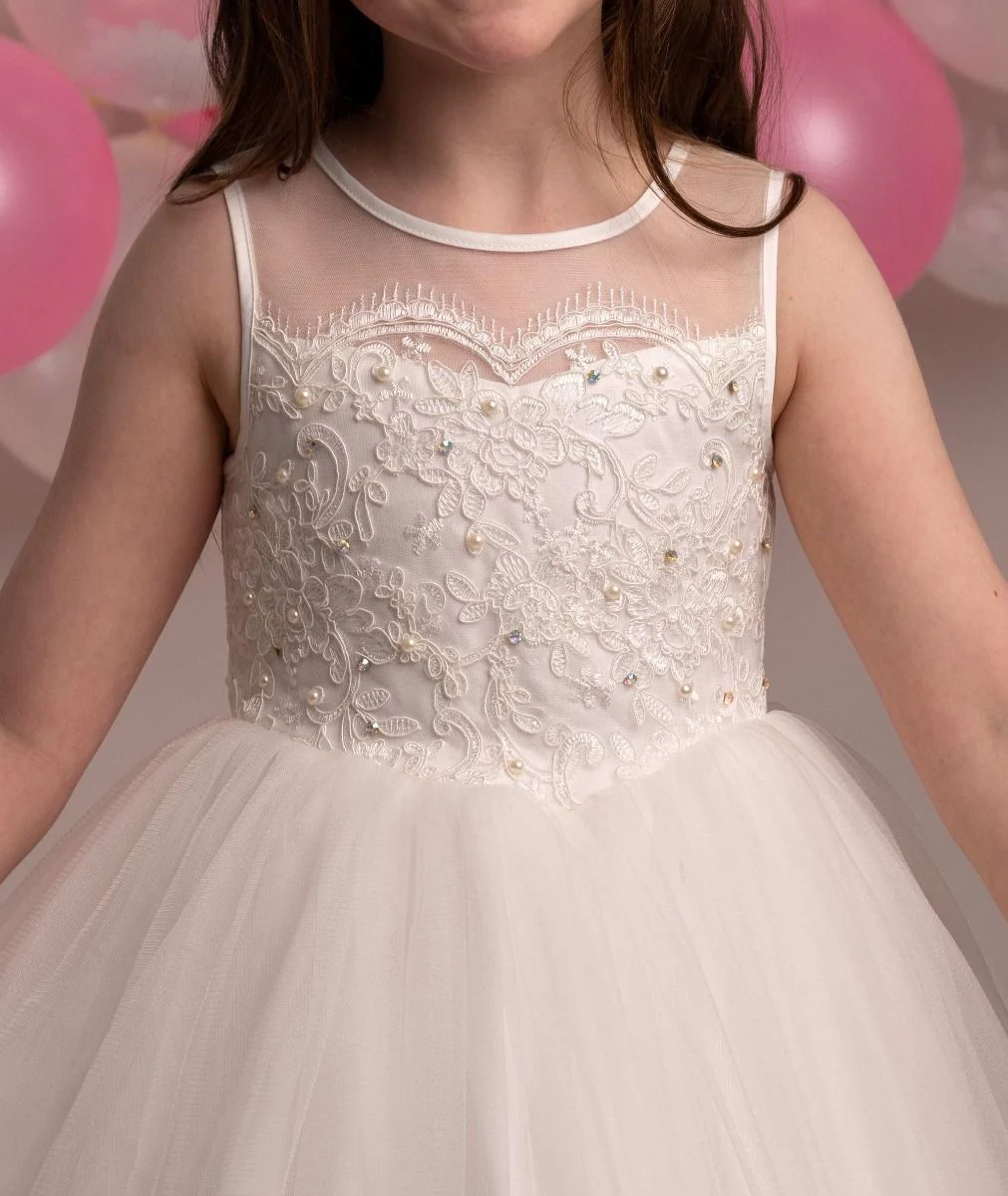 Floral Lace Embroidered Dress for Girls – MEGAN - Ivory - Image 4