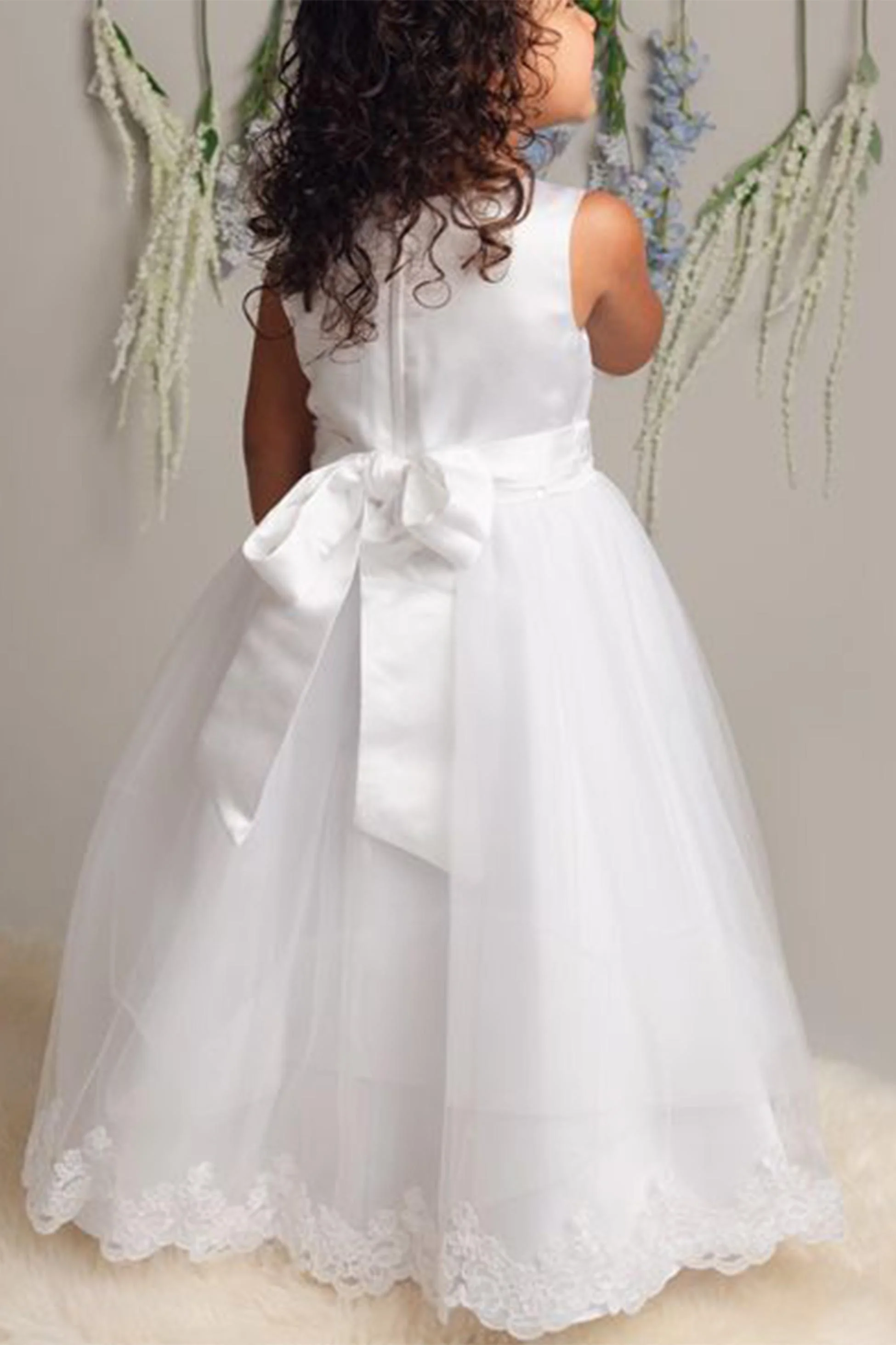 Flower Girl Long Dress with a Tulle Cape – CLAIRE - White - Image 3