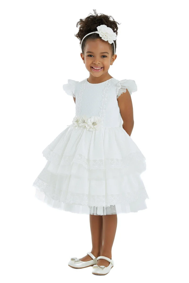 Girls Ruffles Embroidered short Sleeve Dress - Ecru - Image 2
