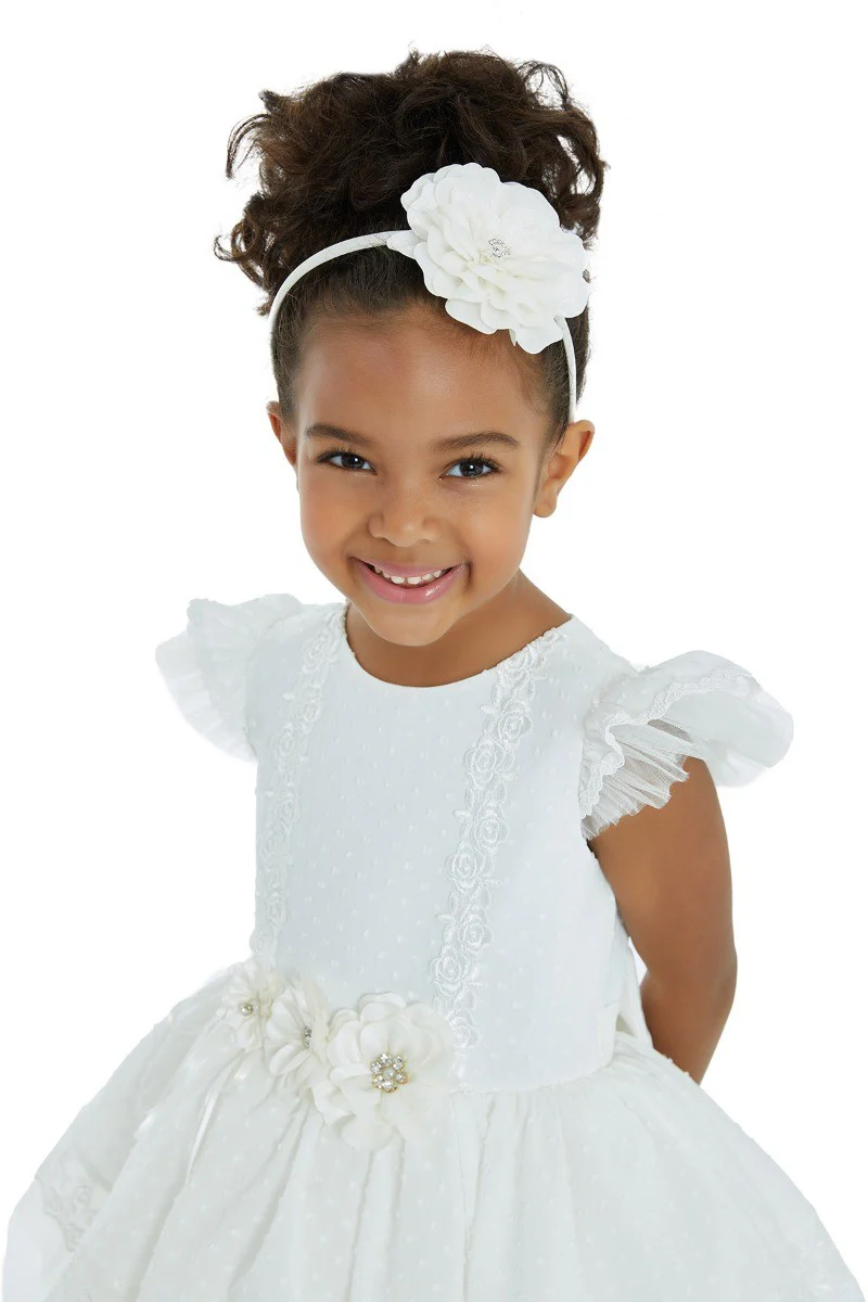 Girls Ruffles Embroidered short Sleeve Dress - Ecru - Image 3