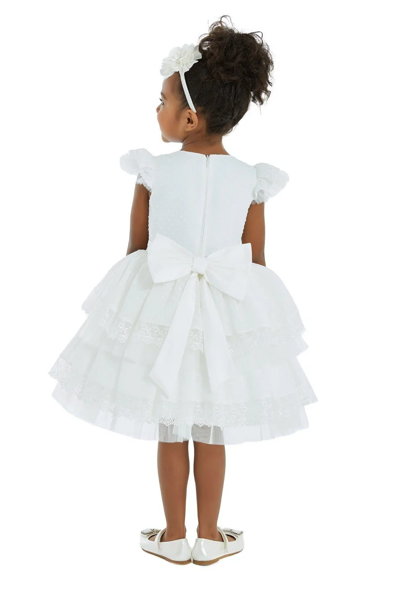 Girls Ruffles Embroidered short Sleeve Dress - Ecru - Image 5