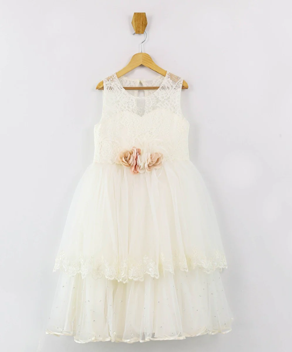 Girls Sleeveless Lace Dress Set - Ecru - Image 3