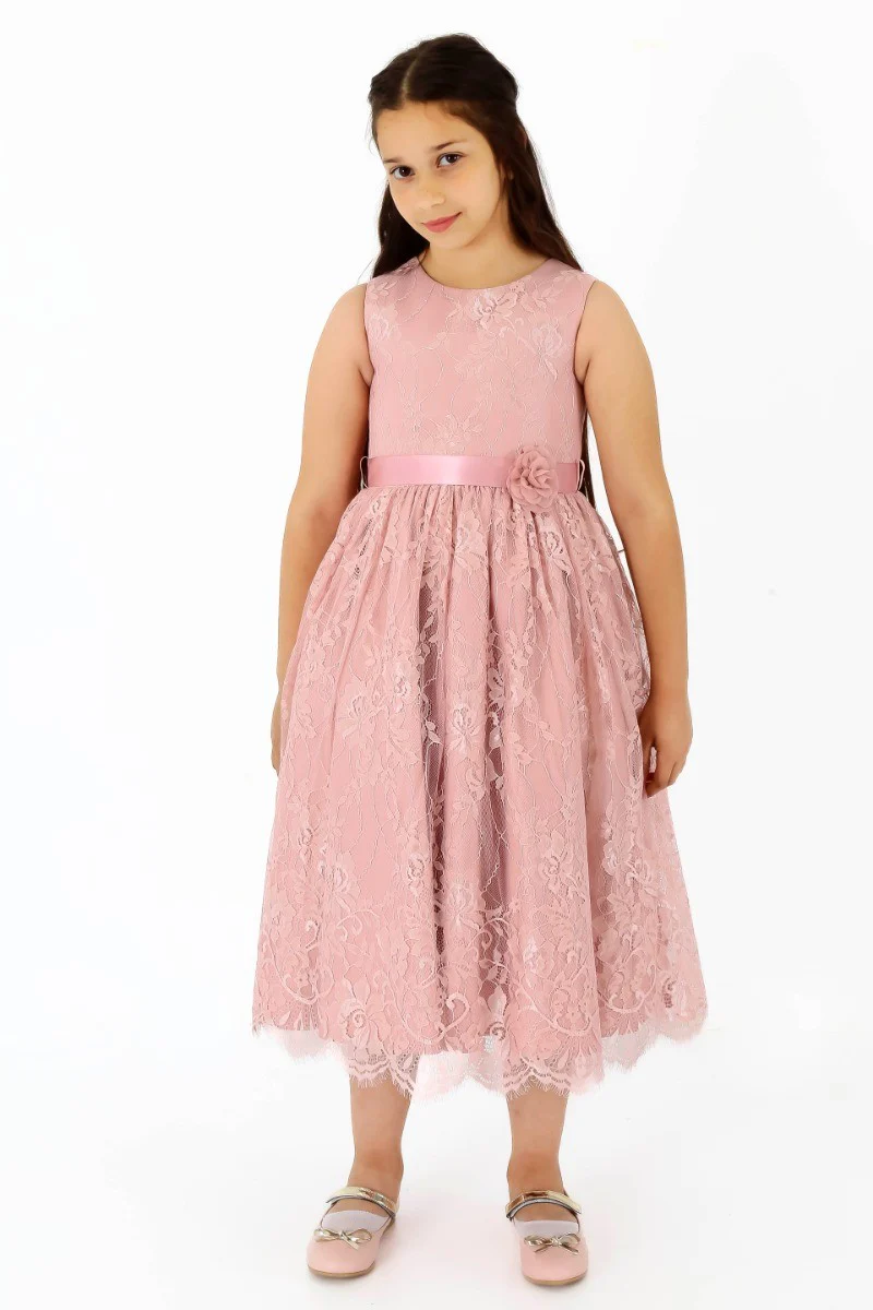 Girls Sleeveless Lace Embroidered Dress - Powder Pink - Image 3