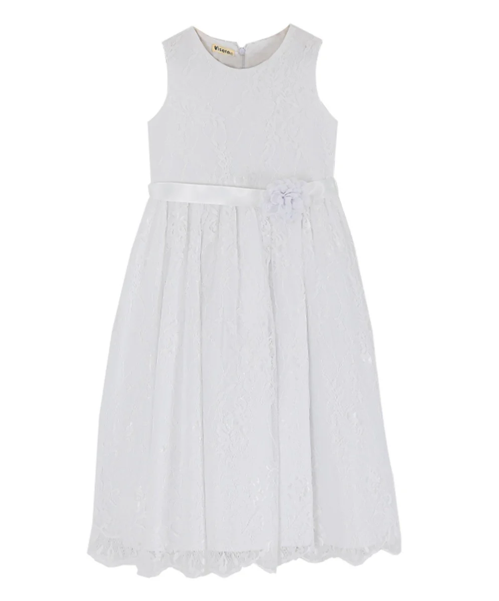 Girls Sleeveless Lace Embroidered Dress - White - Image 4