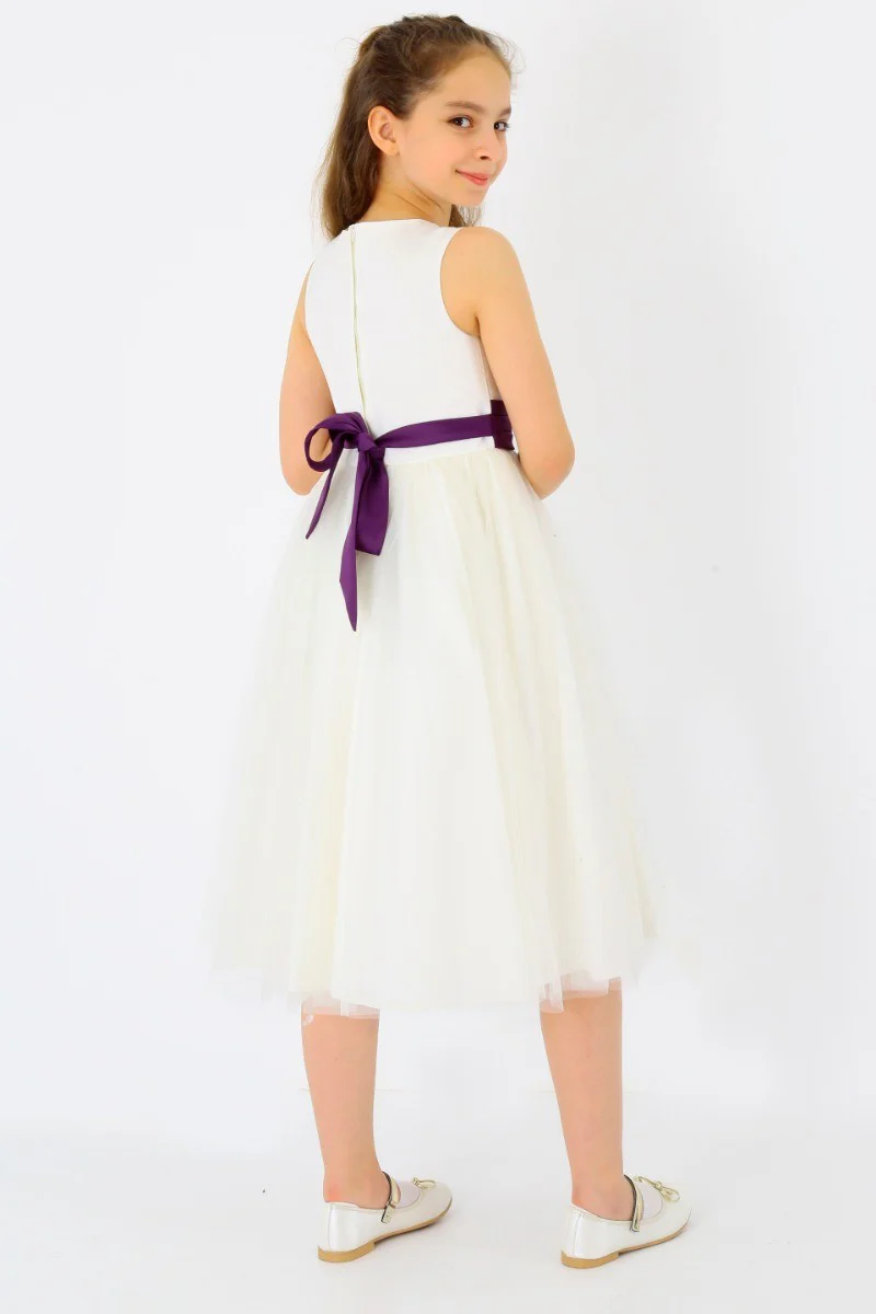 Flower Girls Sleeveless Tulle Communion Dress - White - Purple - Image 3