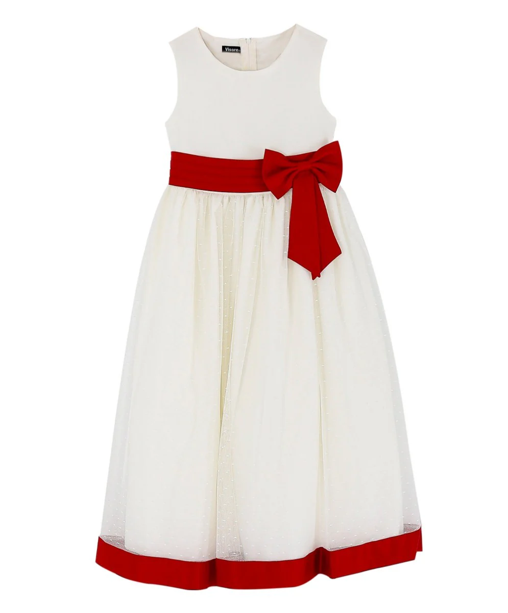 Girls Sleeveless Tulle Communion Dress - White - Red - Image 6