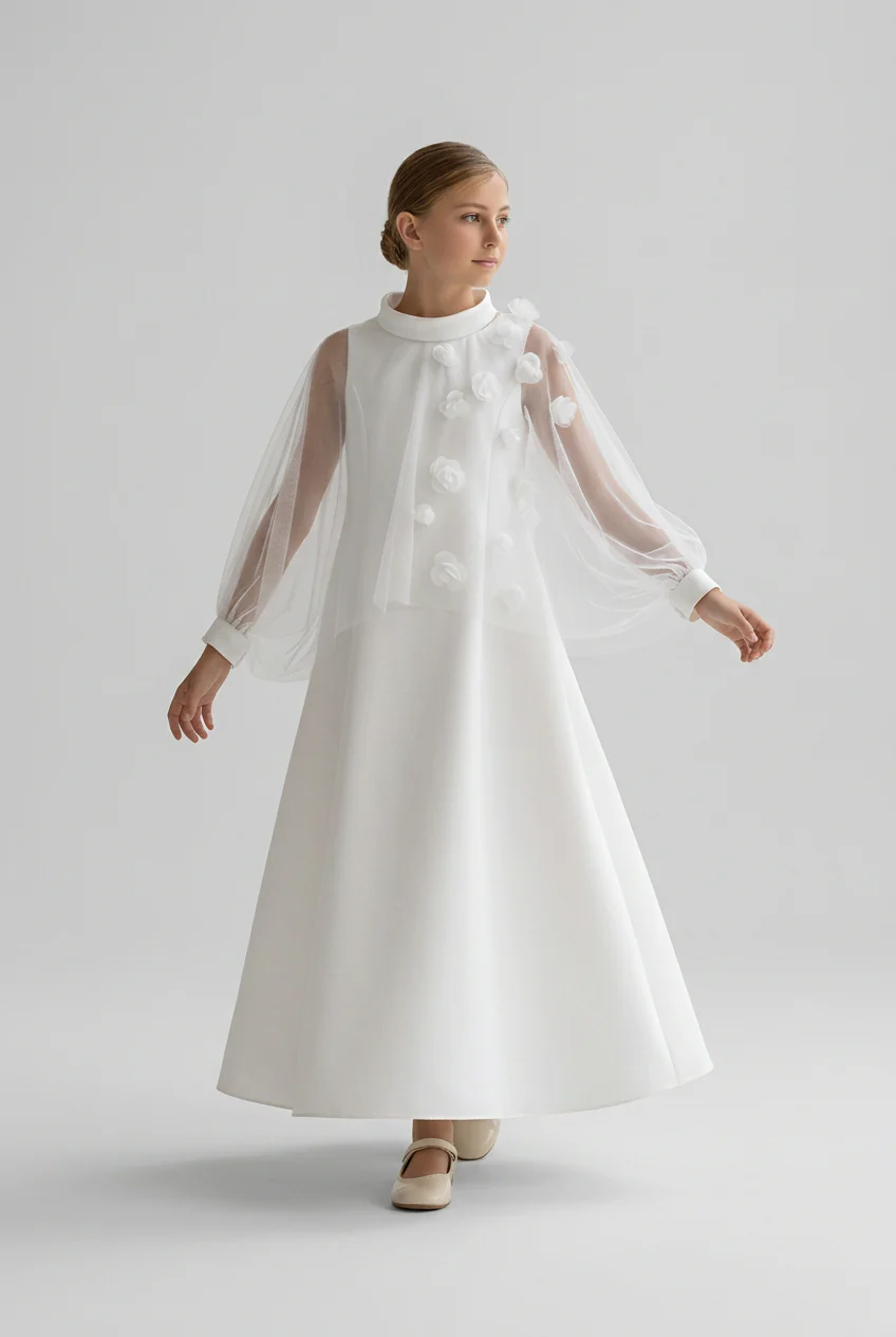 Girls 2-Piece Long Occasion Dress with Tulle Overlay - Ecru