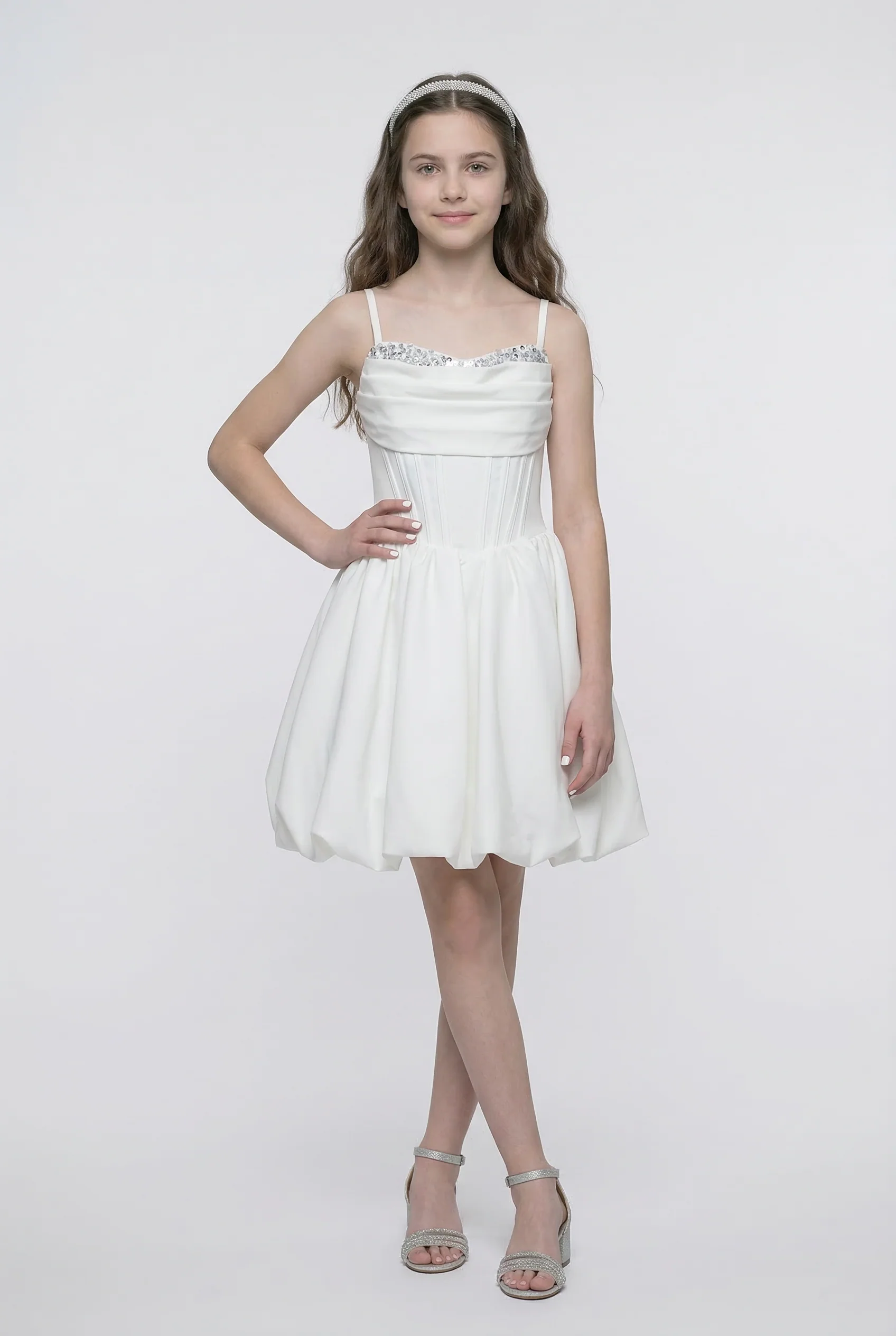 Girls Balloon Hem Party Dress with Crystal Trim - White