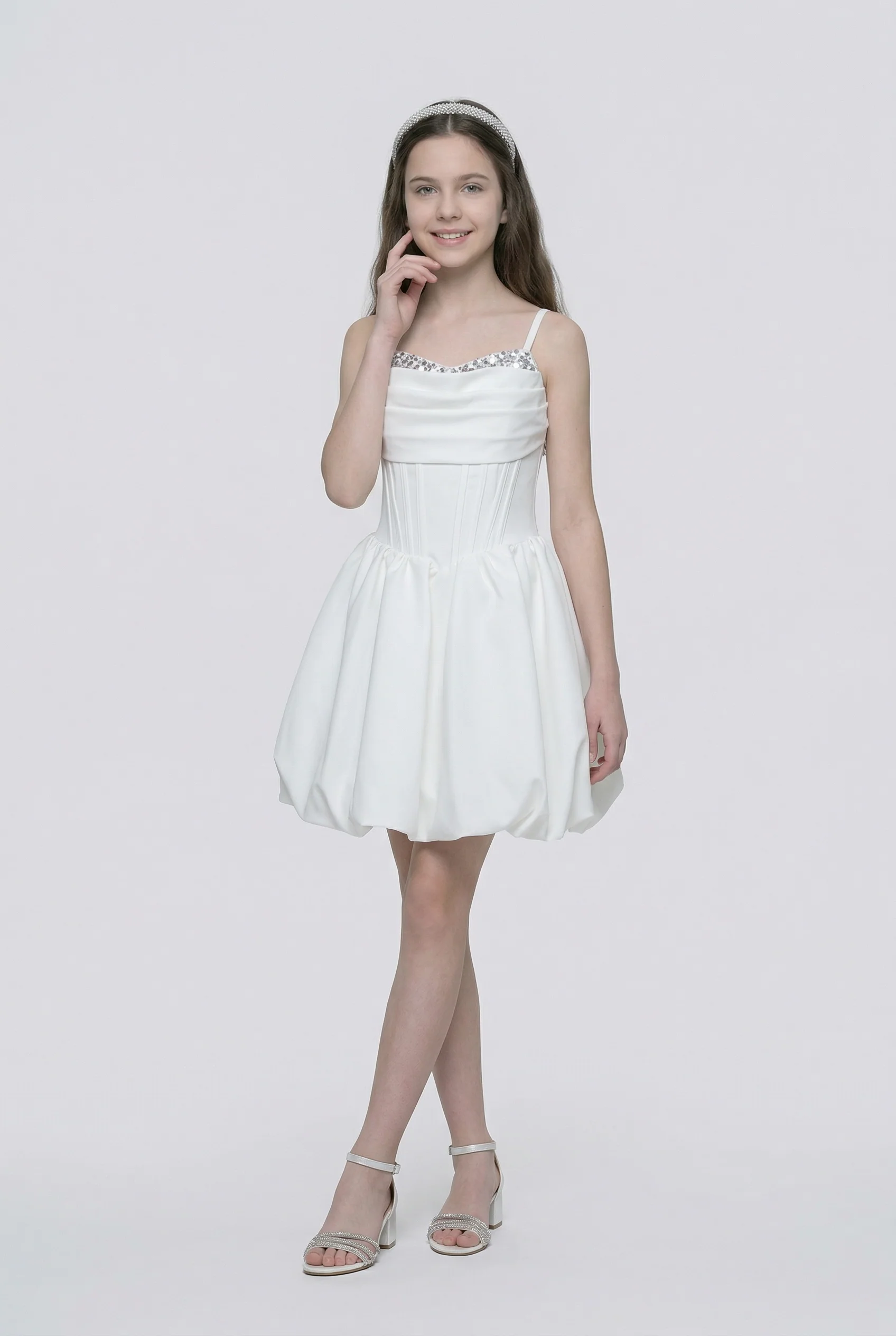 Girls Balloon Hem Party Dress with Crystal Trim - White - Image 2