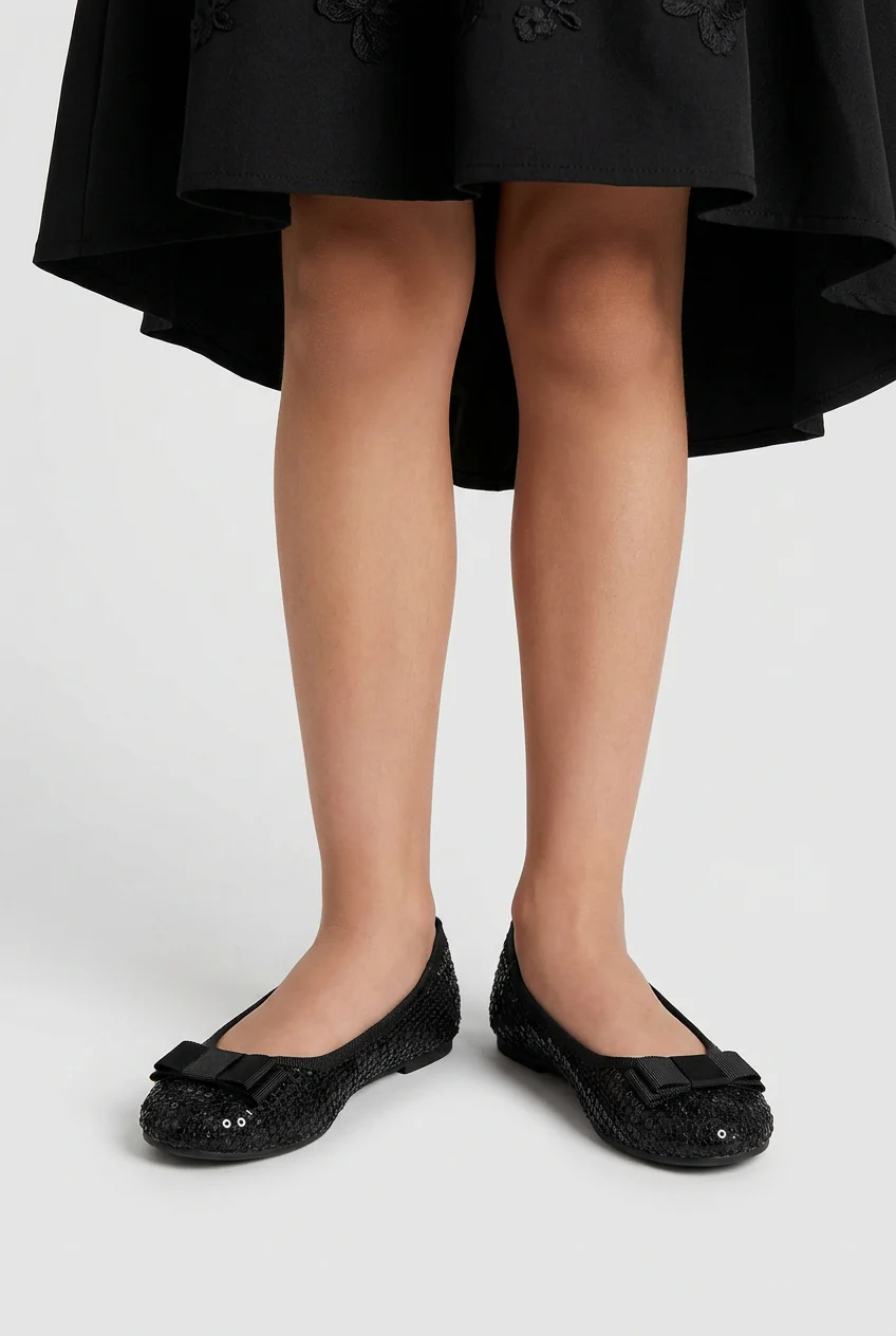 Girls Black Sequin Ballet Flat Shoes - Image 5