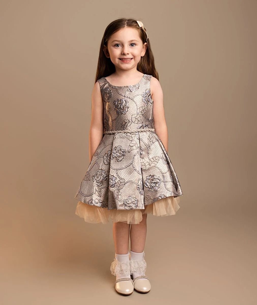 Girls' Blue Jacquard Pleated Dress with Bow Set - Sana - Blue - Image 2