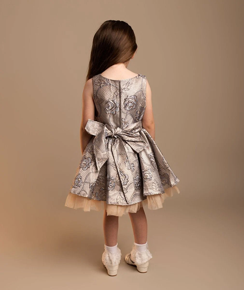 Girls' Blue Jacquard Pleated Dress with Bow Set - Sana - Blue - Image 3