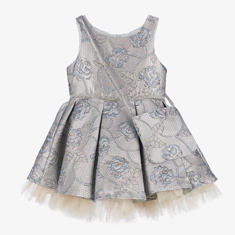 Girls' Blue Jacquard Pleated Dress with Bow Set - Sana - Blue - Image 4