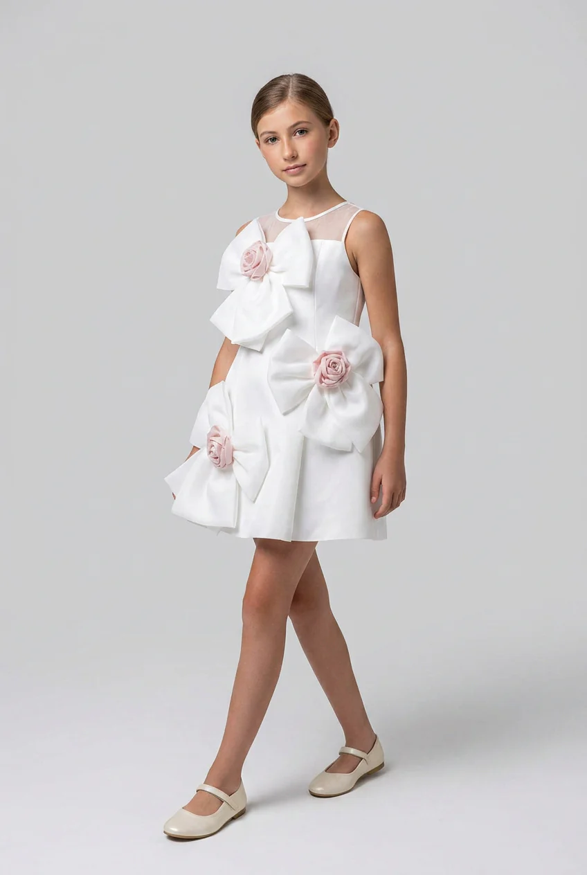 Girls Bow Detail Party Dress with Rose Detailing - Ivory - Image 2