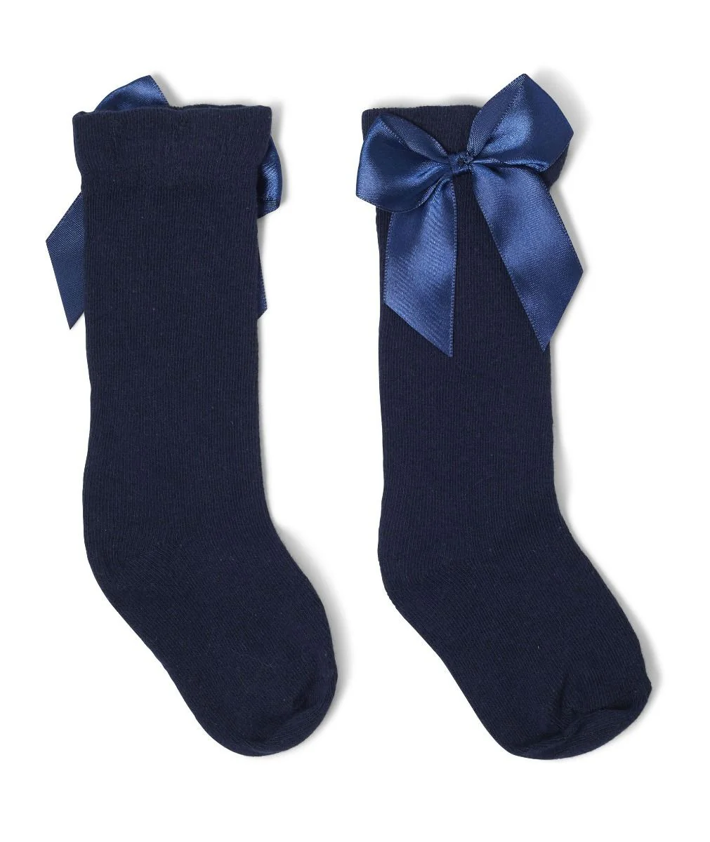 Girls' Bow Knee-High Dress Socks - VICTORIA - Navy Blue - Image 2