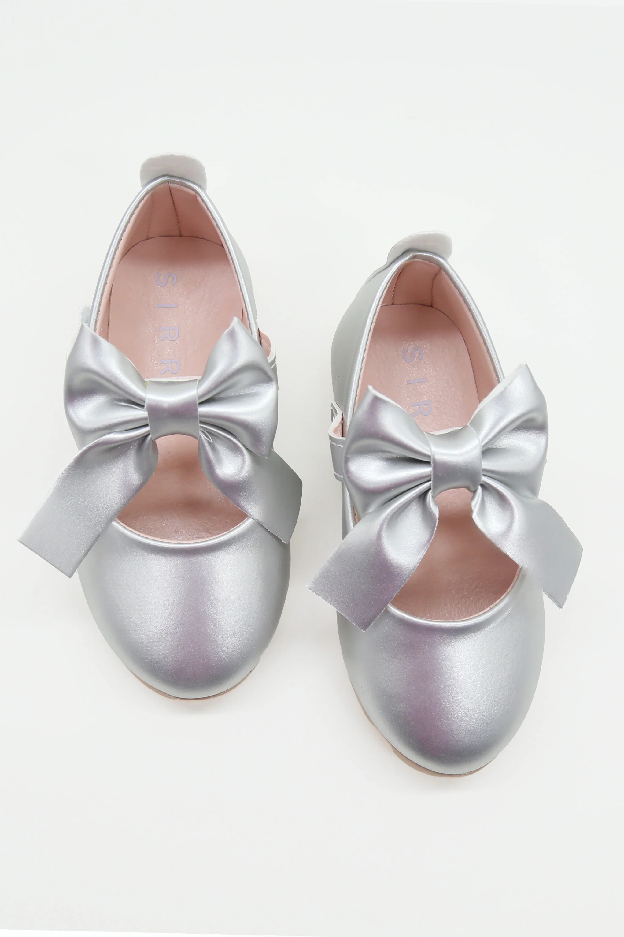 Girls Bow Velcro Flat Mary Jane Shoes - Silver - Image 3