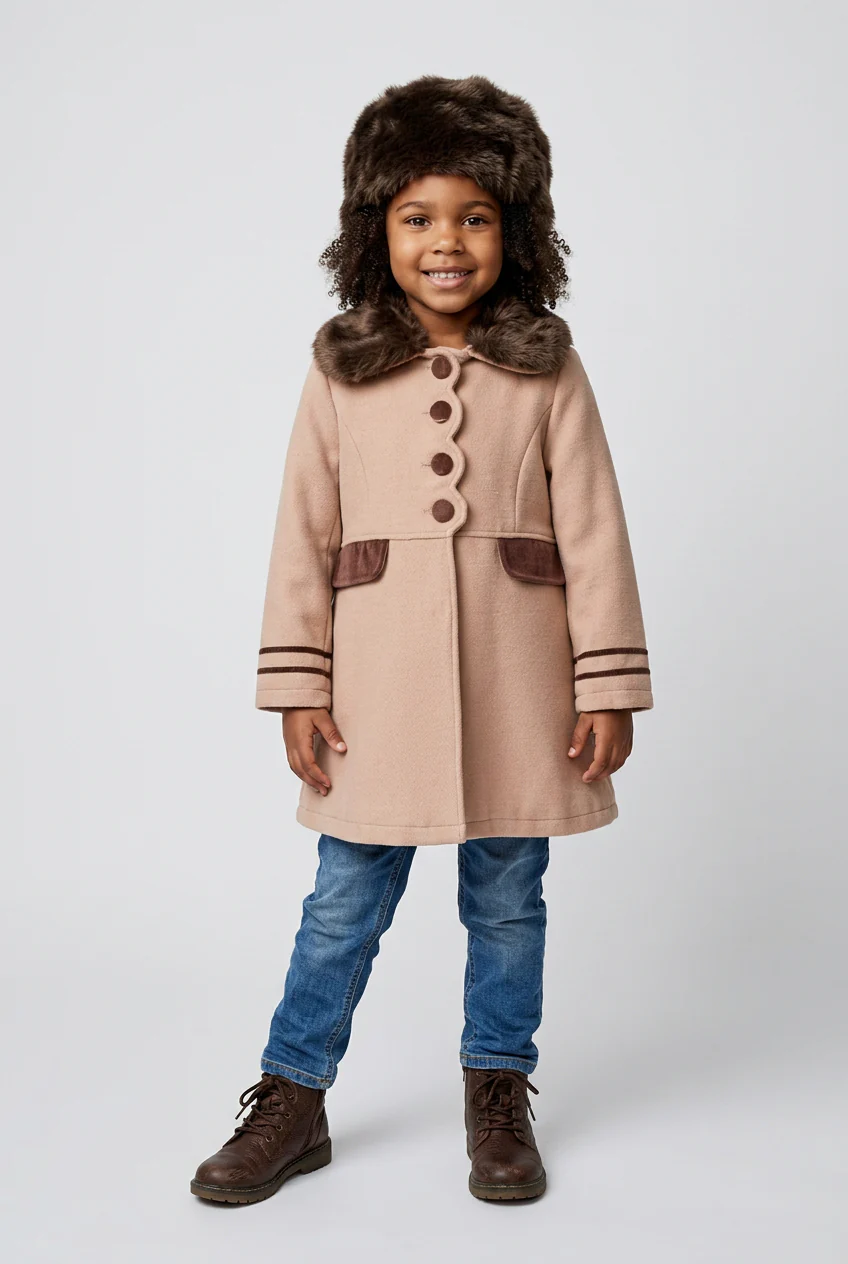 Girls Camel Coat with Faux Fur Collar and Matching Hat