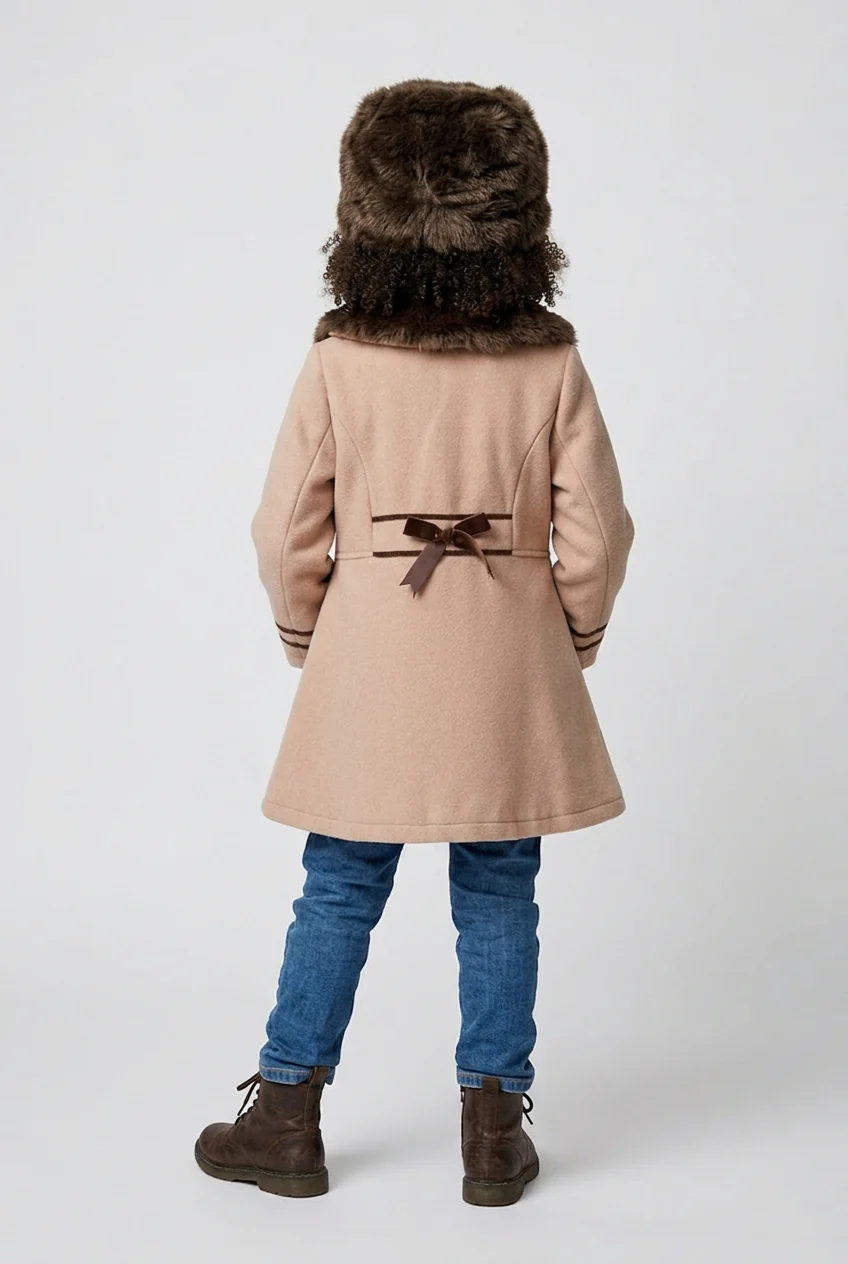 Girls Camel Coat with Faux Fur Collar and Matching Hat - Image 2