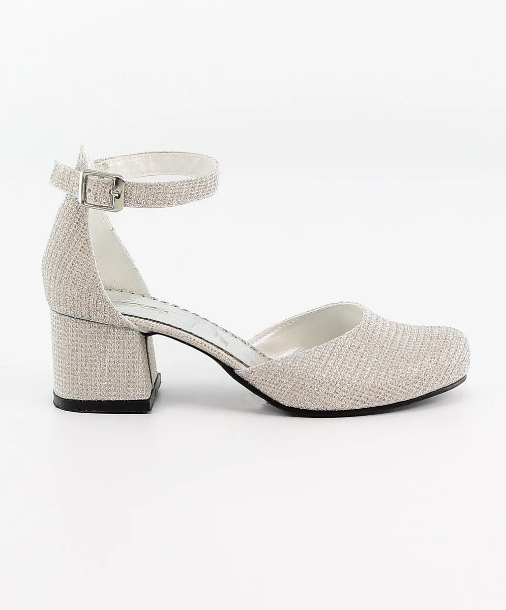 Girls Communion Block Heel Ankle Strap Dress Shoes - Cream - Gold - Image 5
