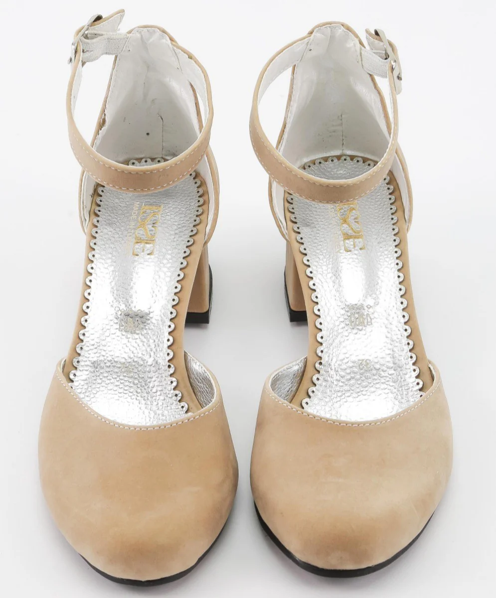 Girls Mary Jane Block Heel Shoes - Beige - Image 3