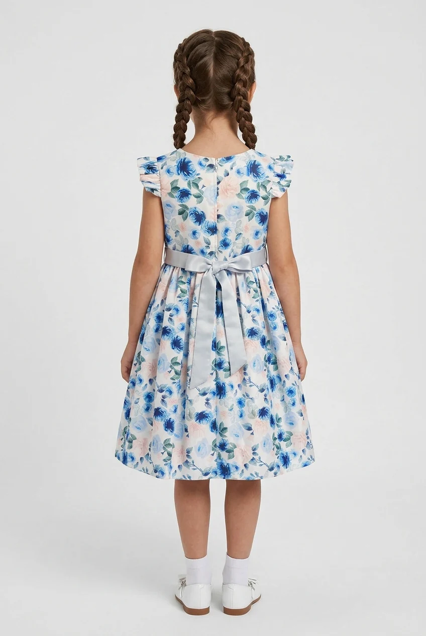 Girls Cotton Blend Blue Floral Occasion Dress - Image 3