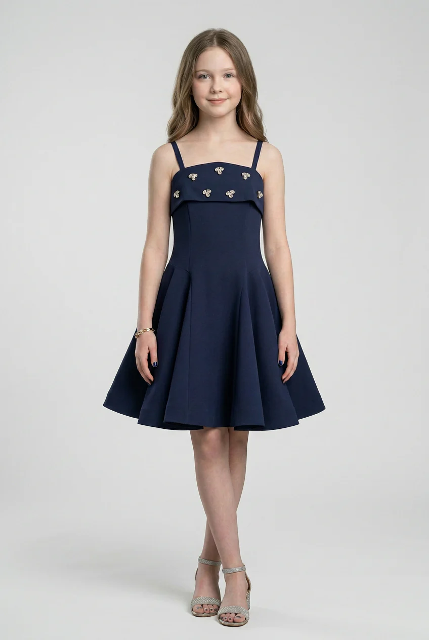 Girls Embellished Strap Party Dress with Pleated Skirt - Navy