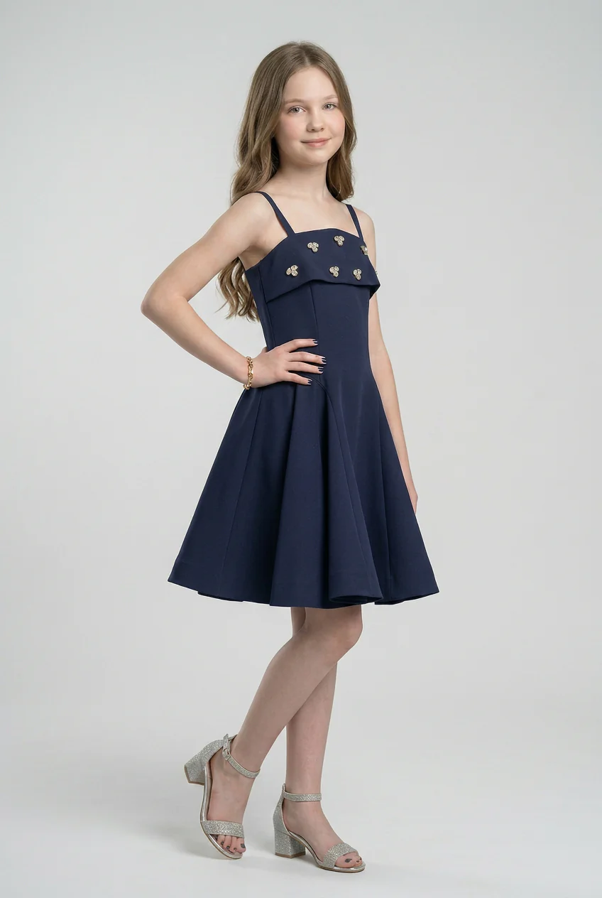 Girls Embellished Strap Party Dress with Pleated Skirt - Navy - Image 2