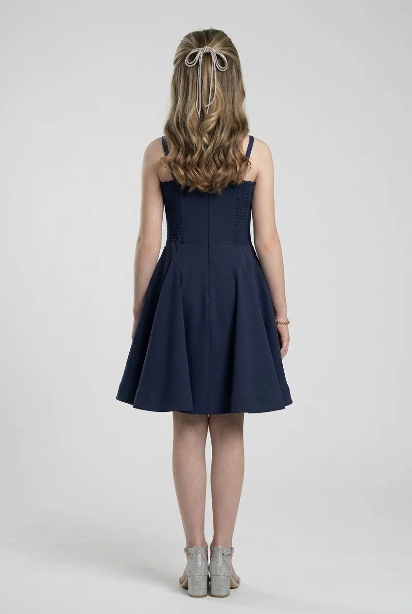 Girls Embellished Strap Party Dress with Pleated Skirt - Navy - Image 3