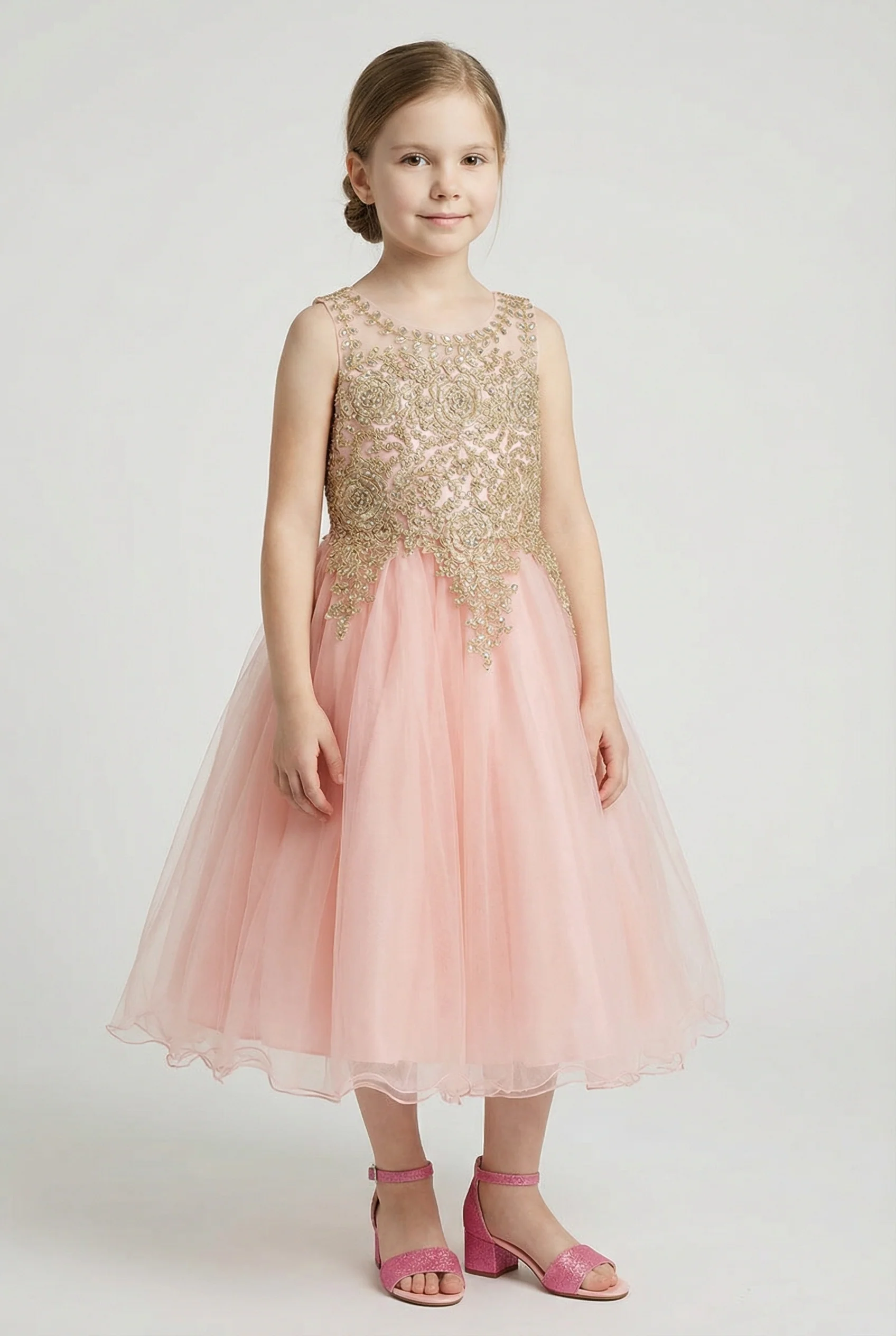 Girls Embroidered Tulle Dress with Illusion Neck - Linzi - Pink