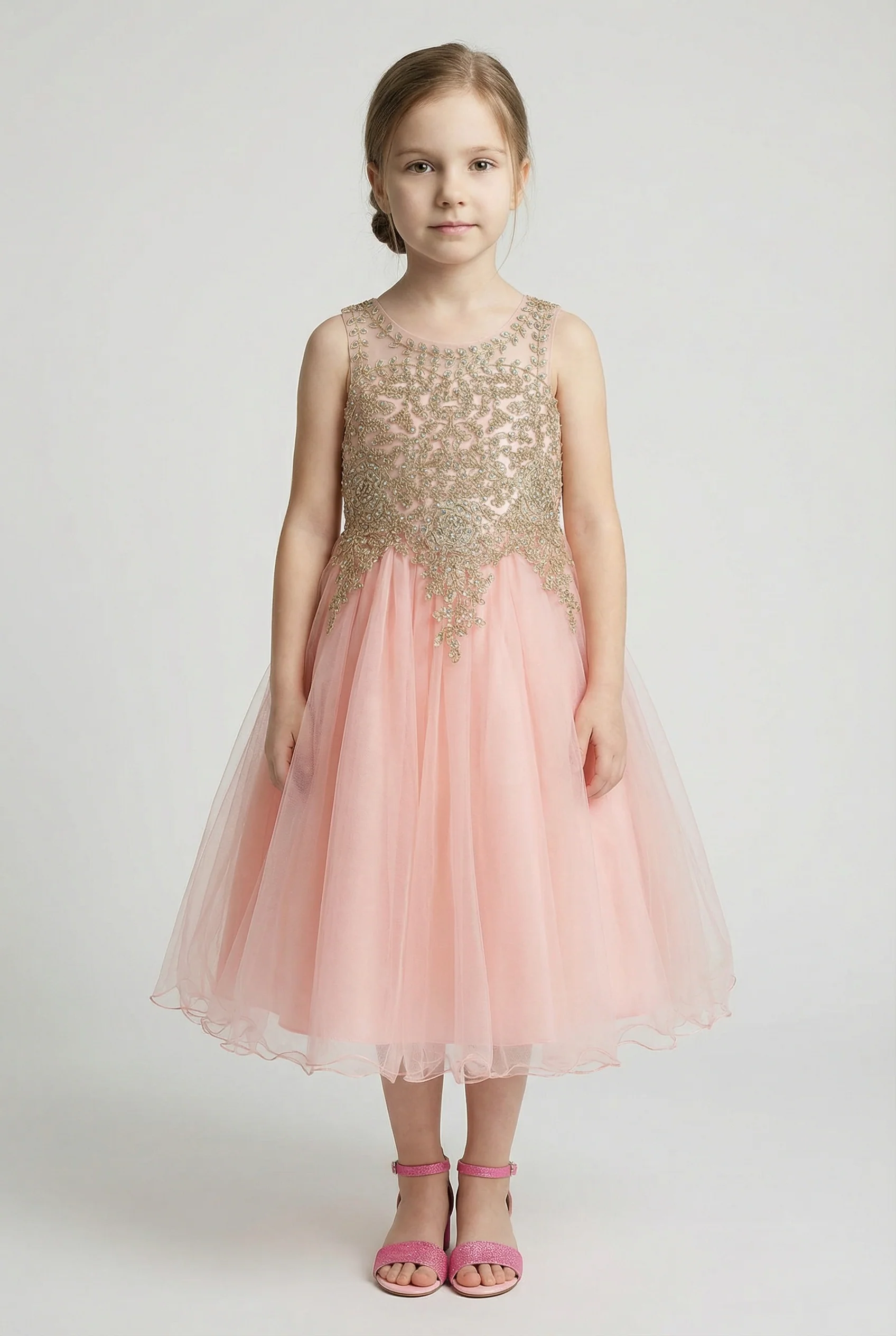 Girls Embroidered Tulle Dress with Illusion Neck - Linzi - Pink - Image 2
