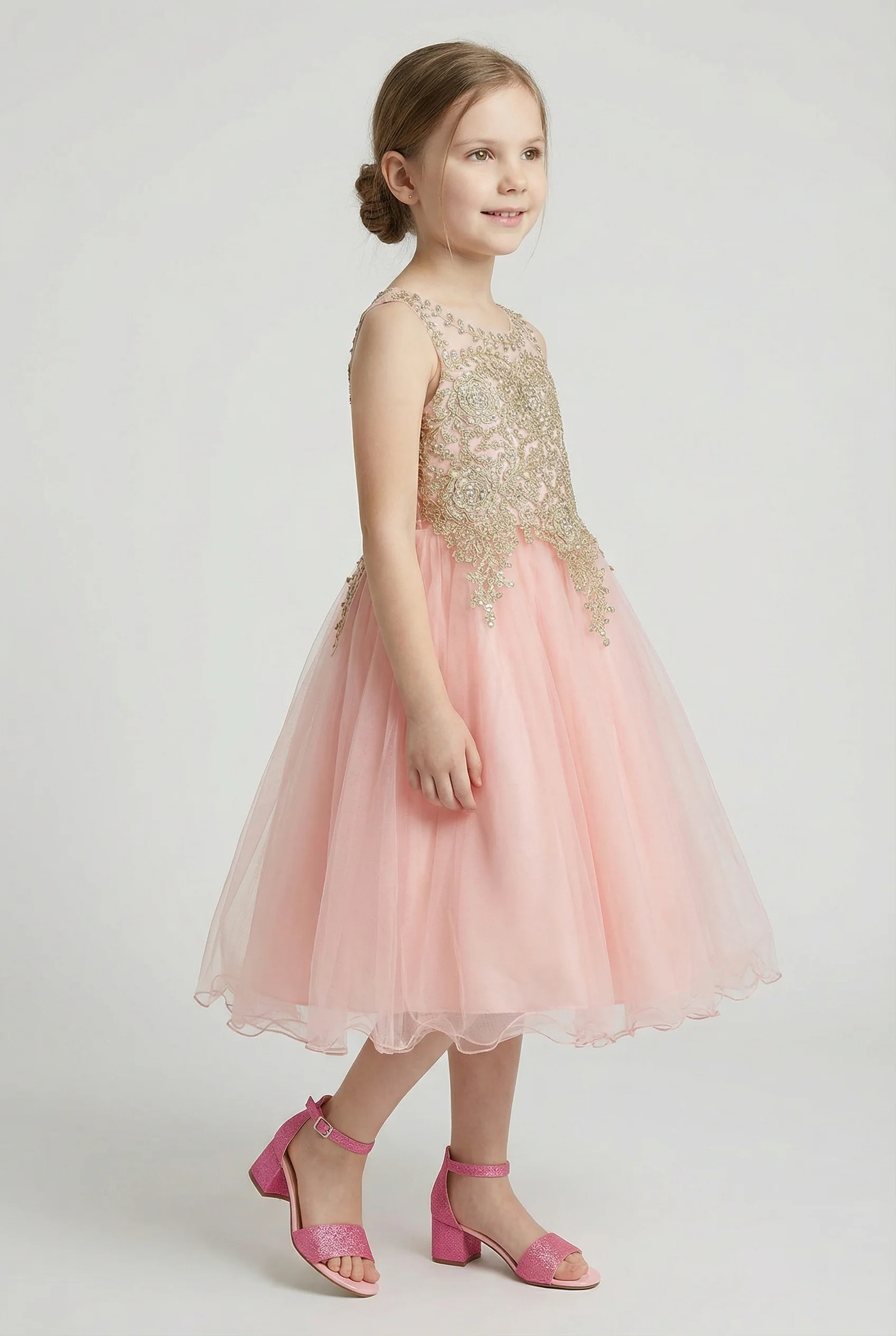 Girls Embroidered Tulle Dress with Illusion Neck - Linzi - Pink - Image 3