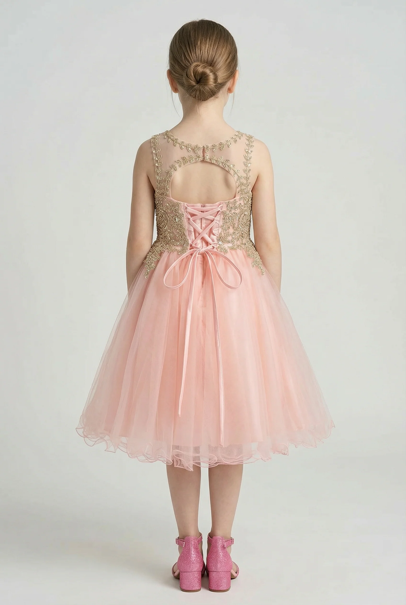 Girls Embroidered Tulle Dress with Illusion Neck - Linzi - Pink - Image 4