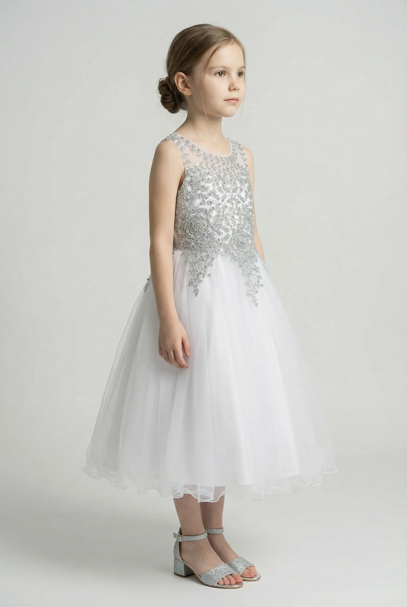 Girls Embroidered Tulle Dress with Illusion Neck - Linzi - White & Silver - Image 3