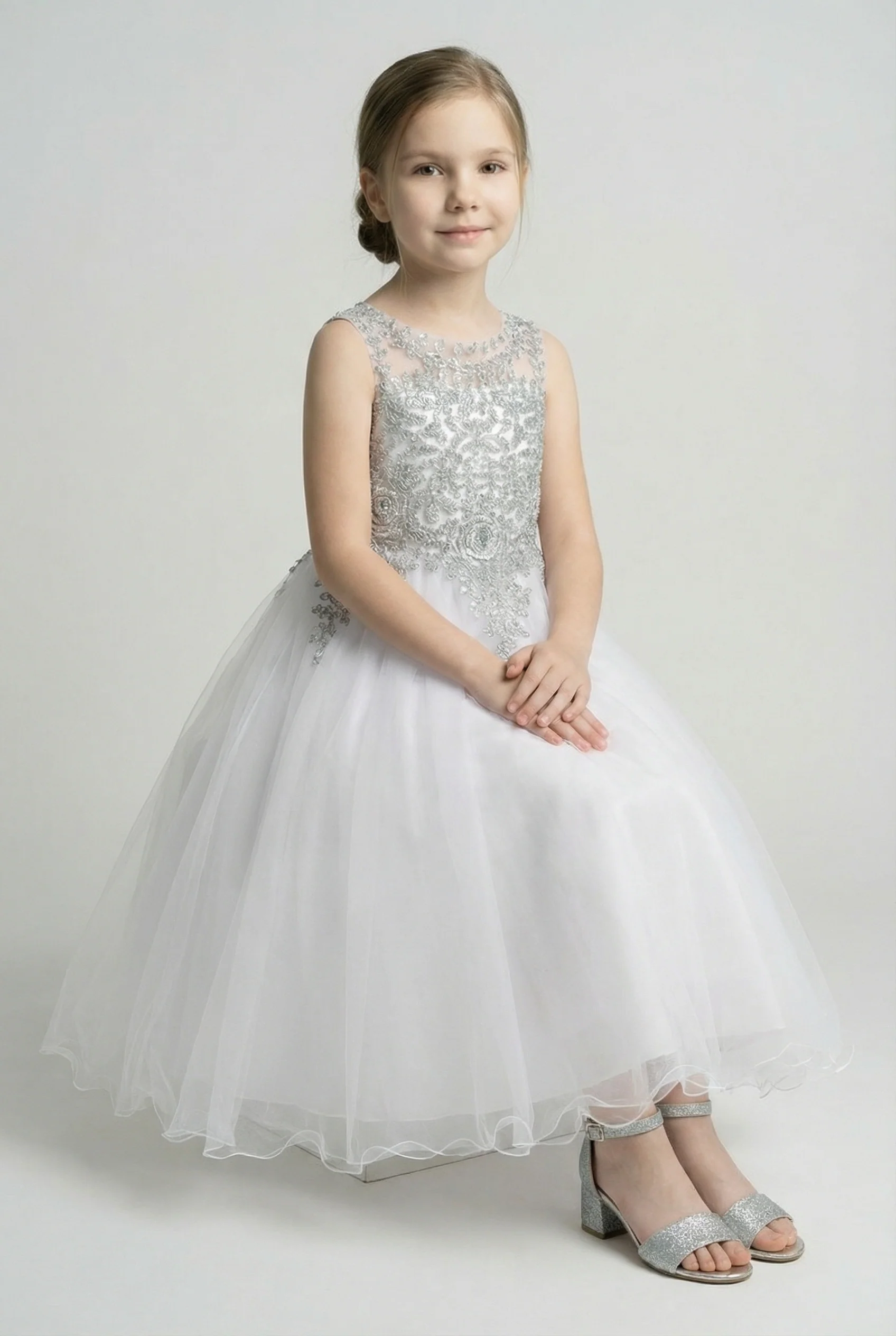 Girls Embroidered Tulle Dress with Illusion Neck - Linzi - White & Silver - Image 4