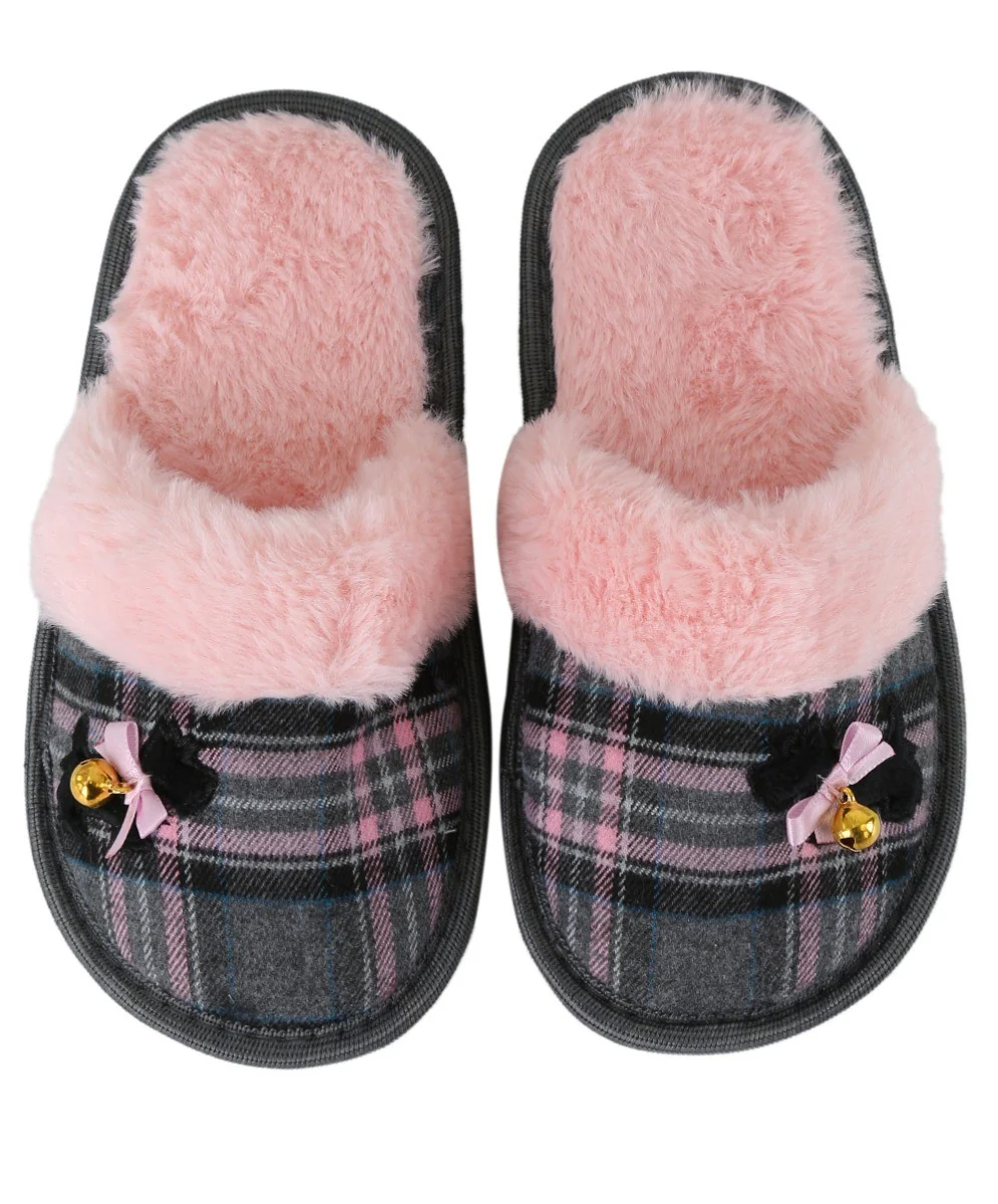 Girls Tartan Fur Slip On Slippers - Pink - Image 2