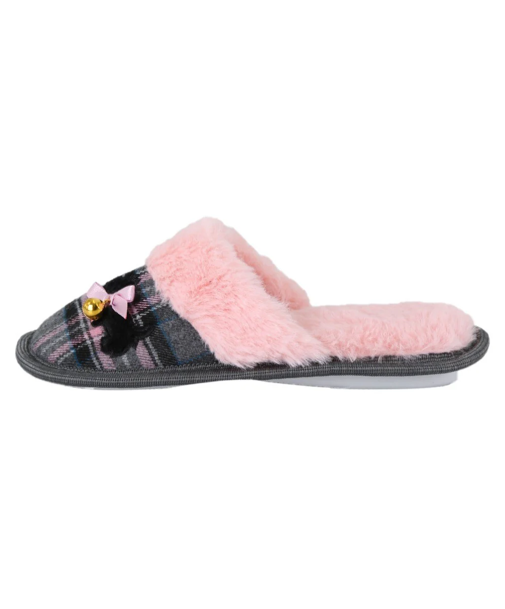 Girls Tartan Fur Slip On Slippers - Pink - Image 3