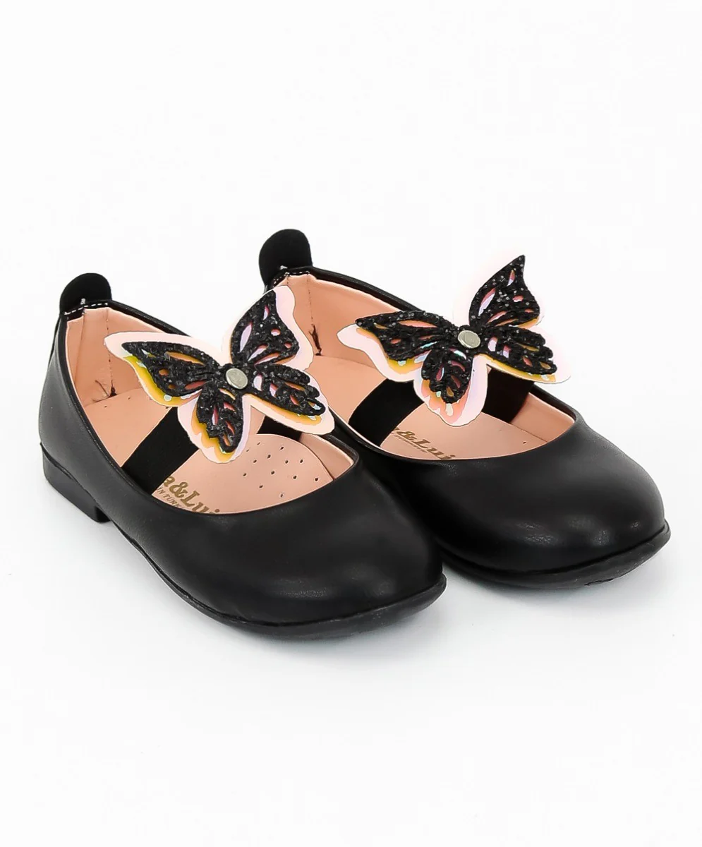 Girls Ballerina Butterfly Strap Flat Dress Shoes - Black - Image 2