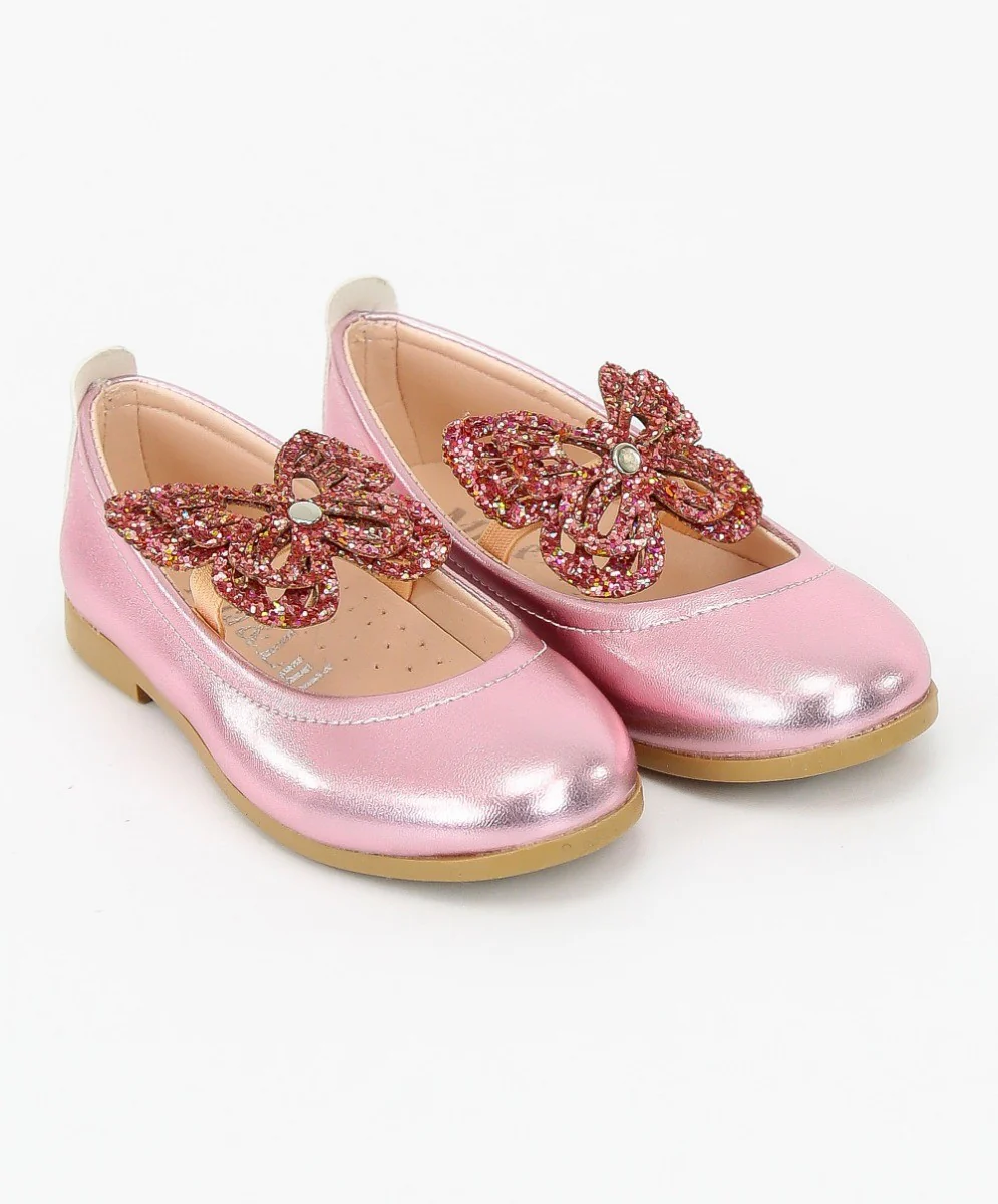 Girls Ballerina Butterfly Strap Flat Dress Shoes - Pink - Image 2