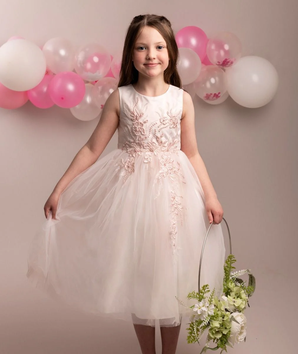 Girls Floral Embroidered Dress with Tulle Skirt - NYRA - Blush Pink - Image 2
