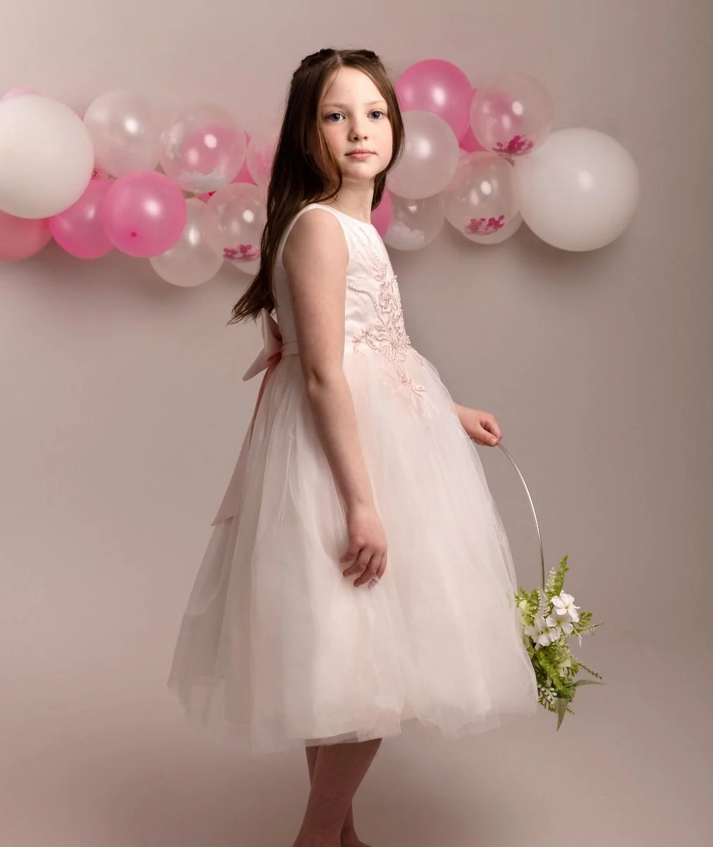 Girls Floral Embroidered Dress with Tulle Skirt - NYRA - Blush Pink - Image 3