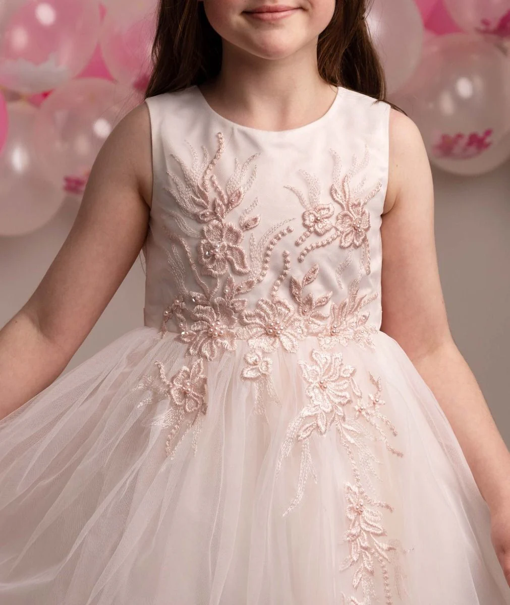 Girls Floral Embroidered Dress with Tulle Skirt - NYRA - Blush Pink - Image 5