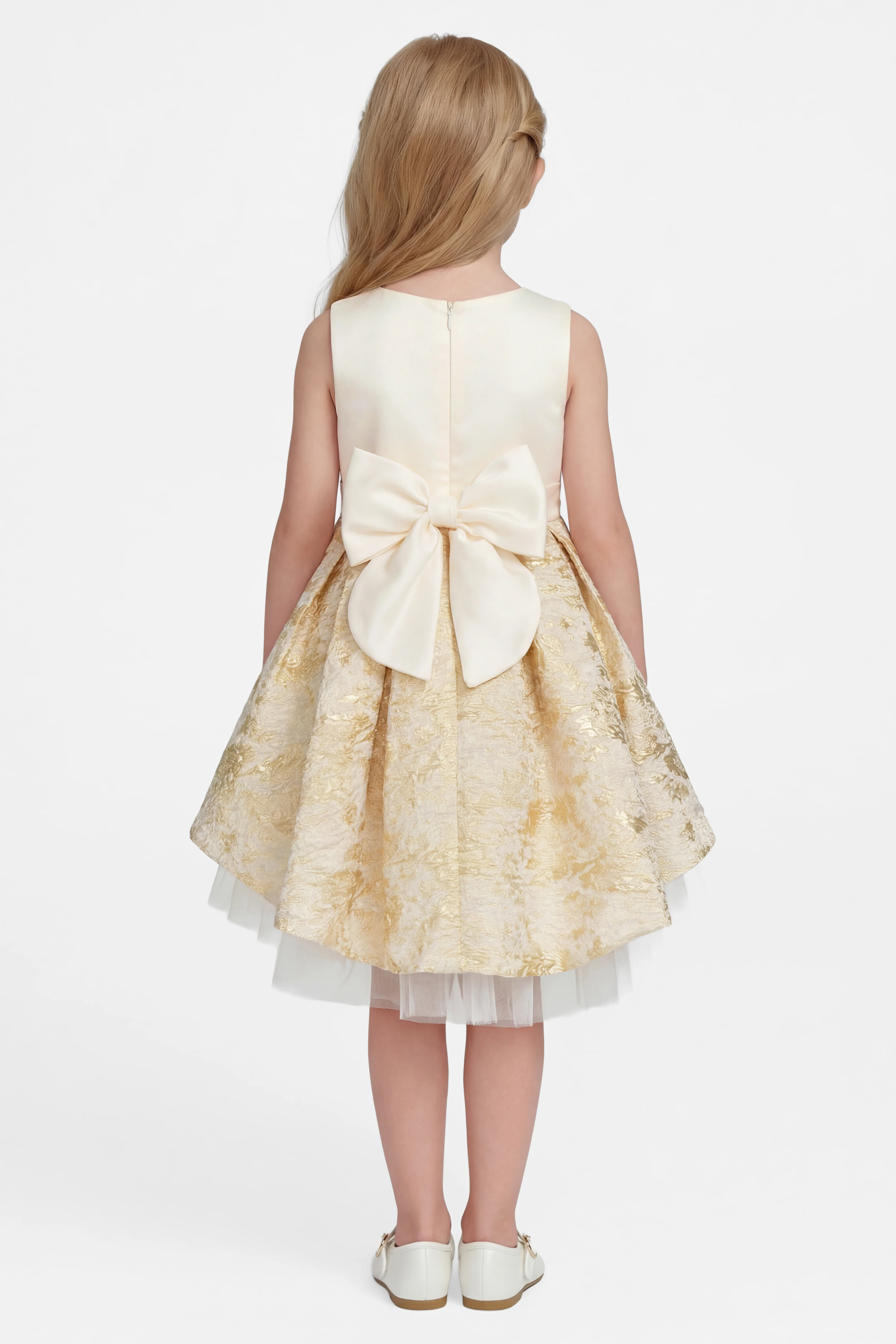 Girls Gold Accented Brocade Dress - Ivory - Image 2